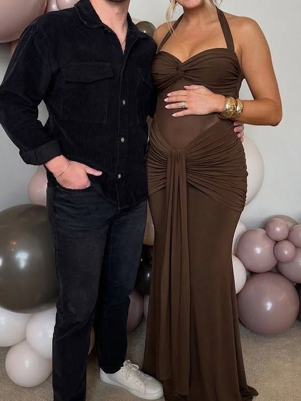 Brown Mesh Ruched Draped Backless Bodycon Elegant Maternity Maxi Dress for Maternity