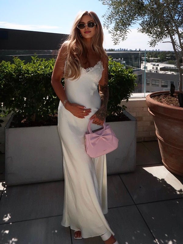 White Lace Spaghetti Strap Backless Tie Back Baby Shower Maternity Maxi Dress for Maternity