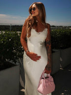 White Lace Spaghetti Strap Backless Tie Back Baby Shower Maternity Maxi Dress for Maternity