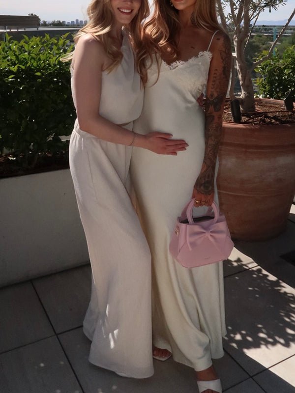 White Lace Spaghetti Strap Backless Tie Back Baby Shower Maternity Maxi Dress for Maternity