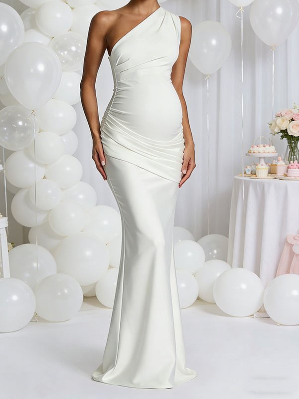 Chic Off Shoulder Splicing Satin Mermaid Baby Shower Maternity Maxi Dress for Maternity