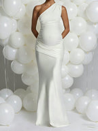 Chic Off Shoulder Splicing Satin Mermaid Baby Shower Maternity Maxi Dress for Maternity