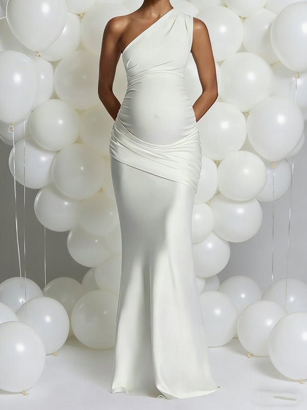 Chic Off Shoulder Splicing Satin Mermaid Baby Shower Maternity Maxi Dress for Maternity