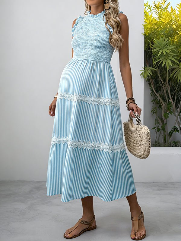 Cute Lace Splicing Ruffle Ruched Striped Vacation Maternity Maxi Dress for Maternity