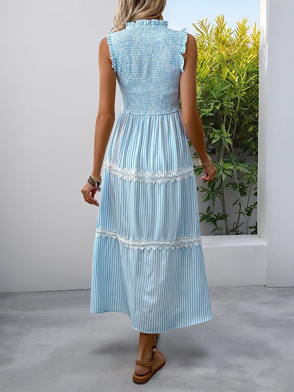 Cute Lace Splicing Ruffle Ruched Striped Vacation Maternity Maxi Dress for Maternity