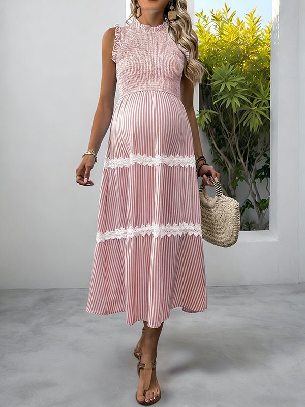 Cute Lace Splicing Ruffle Ruched Striped Vacation Maternity Maxi Dress for Maternity