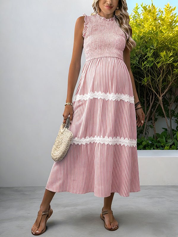 Cute Lace Splicing Ruffle Ruched Striped Vacation Maternity Maxi Dress for Maternity