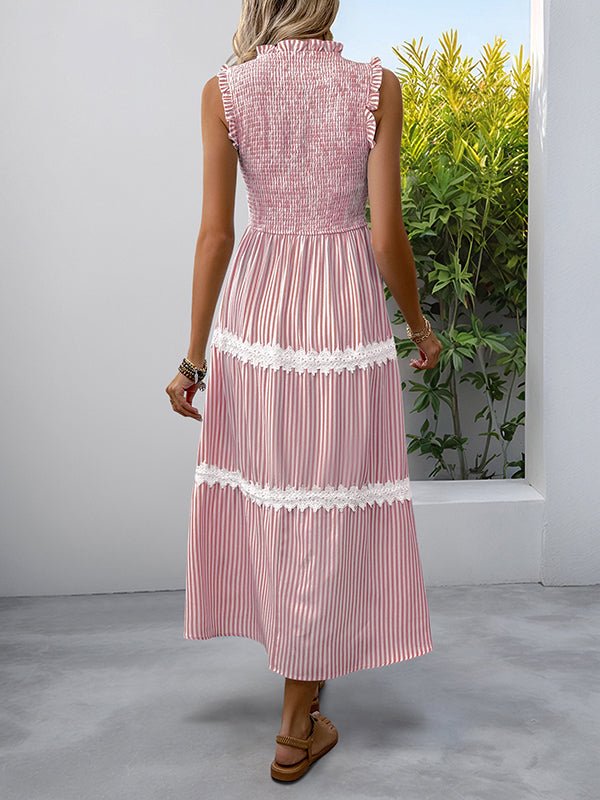 Cute Lace Splicing Ruffle Ruched Striped Vacation Maternity Maxi Dress for Maternity
