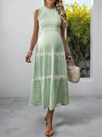 Cute Lace Splicing Ruffle Ruched Striped Vacation Maternity Maxi Dress for Maternity