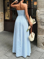 Chic Striped A-line Halter Neck Shirring Spaghetti Straps Vacation Maternity Maxi Dress for Maternity