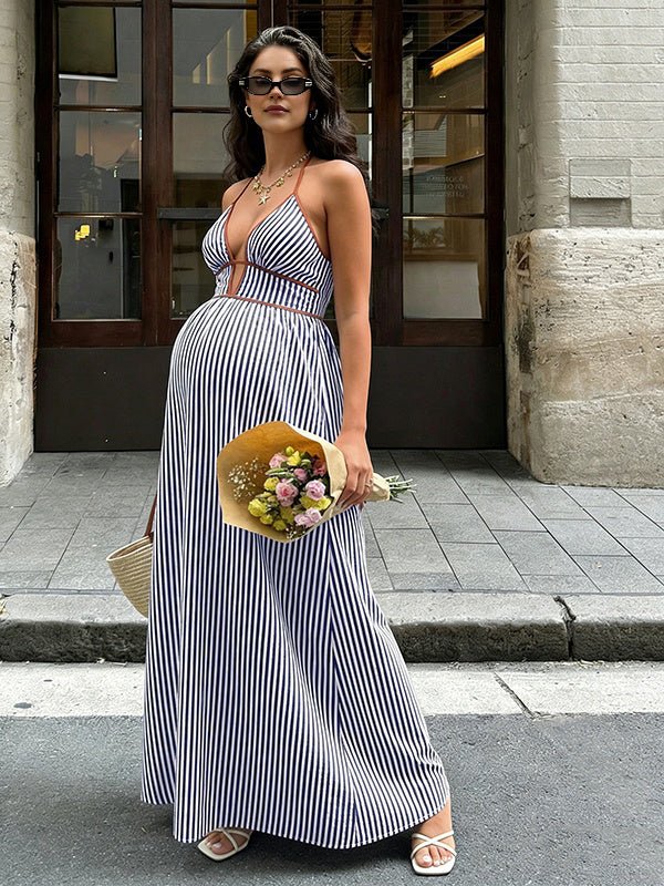 Chic Striped A-line Halter Neck Shirring Spaghetti Straps Vacation Maternity Maxi Dress for Maternity