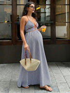Chic Striped A-line Halter Neck Shirring Spaghetti Straps Vacation Maternity Maxi Dress for Maternity