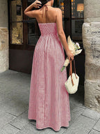 Chic Striped A-line Halter Neck Shirring Spaghetti Straps Vacation Maternity Maxi Dress for Maternity