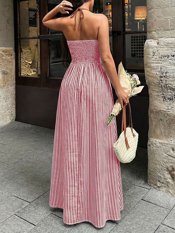 Chic Striped A-line Halter Neck Shirring Spaghetti Straps Vacation Maternity Maxi Dress for Maternity