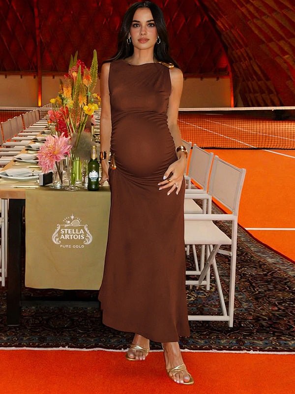 Chic Studded Cascading Ruffle Irregular Side Draped Baby Shower Cocktail Maternity Maxi Dress for Maternity
