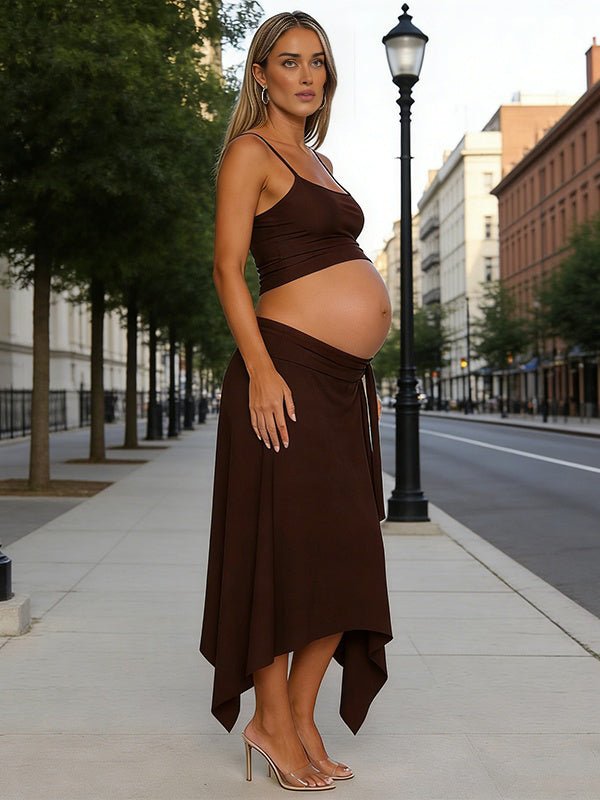 Chic Two Piece Irregular Side Draped Spaghetti Straps Vacation Maternity Maxi Dress for Maternity