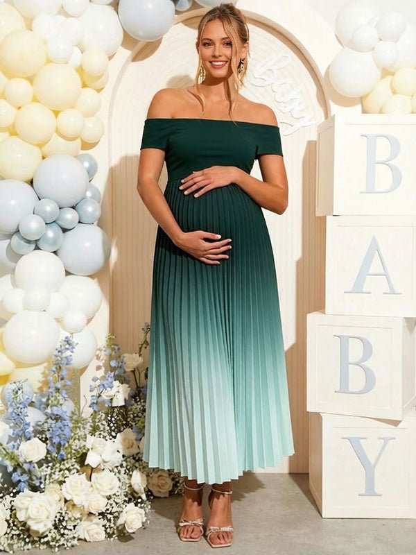 Chic Green Gradient Color Pleated A-line Off Shoulder Baby Shower Maternity Maxi Dress for Maternity