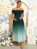 Chic Green Gradient Color Pleated A-line Off Shoulder Baby Shower Maternity Maxi Dress for Maternity