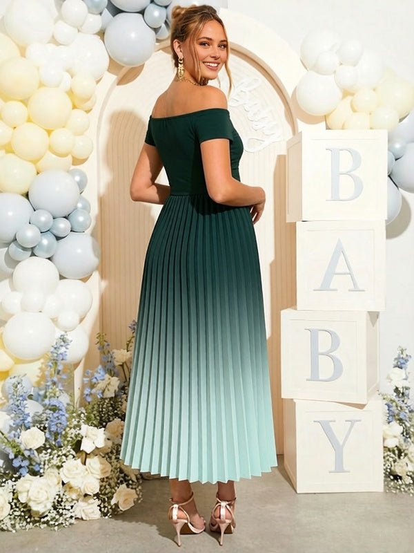 Chic Green Gradient Color Pleated A-line Off Shoulder Baby Shower Maternity Maxi Dress for Maternity