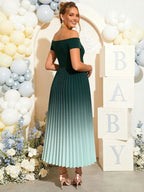 Chic Green Gradient Color Pleated A-line Off Shoulder Baby Shower Maternity Maxi Dress for Maternity