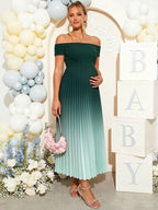 Chic Green Gradient Color Pleated A-line Off Shoulder Baby Shower Maternity Maxi Dress for Maternity
