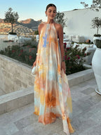Chic Orange Tie Dye Floral Falbala Backless Flowy Vacation Maternity Maxi Dress for Maternity