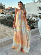 Chic Orange Tie Dye Floral Falbala Backless Flowy Vacation Maternity Maxi Dress for Maternity