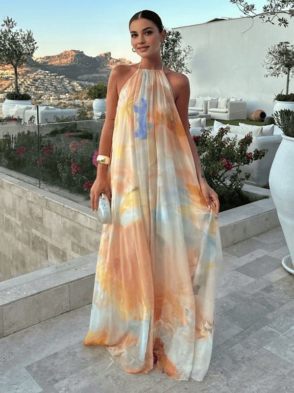 Chic Orange Tie Dye Floral Falbala Backless Flowy Vacation Maternity Maxi Dress for Maternity