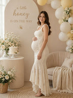 Elegant Beige Ruched Floral Irregular Mermaid Bodycon Maternity Baby Shower Maxi Dress for Maternity