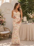 Chic Floral Bodycon Backless Spaghetti Straps Ruched Maternity Baby Shower Maxi Dress for Maternity