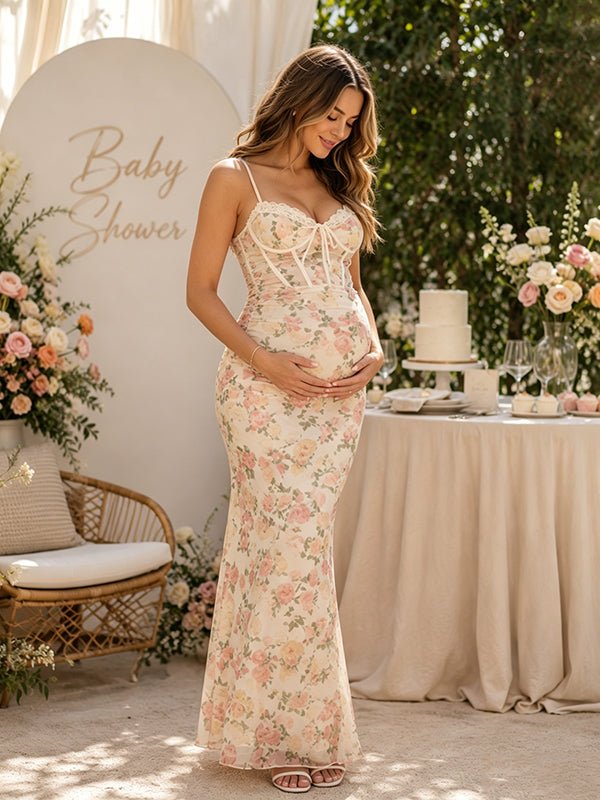 Chic Floral Bodycon Backless Spaghetti Straps Ruched Maternity Baby Shower Maxi Dress for Maternity
