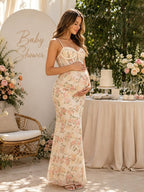 Chic Floral Bodycon Backless Spaghetti Straps Ruched Maternity Baby Shower Maxi Dress for Maternity