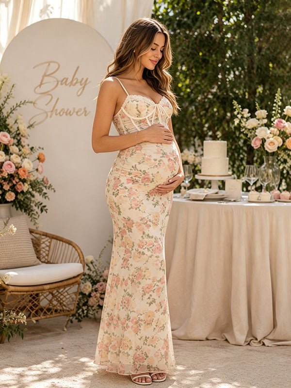 Chic Floral Bodycon Backless Spaghetti Straps Ruched Maternity Baby Shower Maxi Dress for Maternity