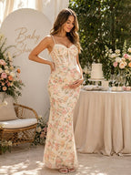 Chic Floral Bodycon Backless Spaghetti Straps Ruched Maternity Baby Shower Maxi Dress for Maternity
