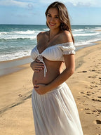 Chic White Two Piece Lace Off Shoulder Bow Photoshoot Maternity Maxi Dress for Maternity