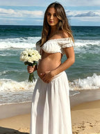 Chic White Two Piece Lace Off Shoulder Bow Photoshoot Maternity Maxi Dress for Maternity