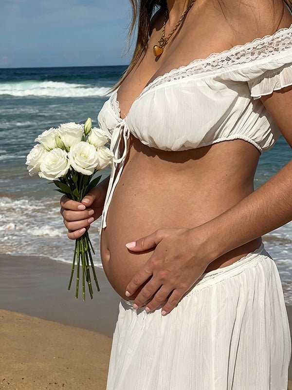 Chic White Two Piece Lace Off Shoulder Bow Photoshoot Maternity Maxi Dress for Maternity
