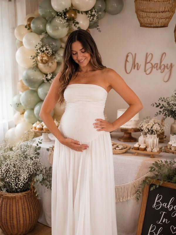 Elegant Side Slit Bandeau Ruched Baby Shower Maternity Maxi Dress for Maternity