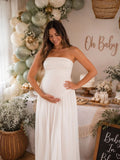 Elegant Side Slit Bandeau Ruched Baby Shower Maternity Maxi Dress for Maternity