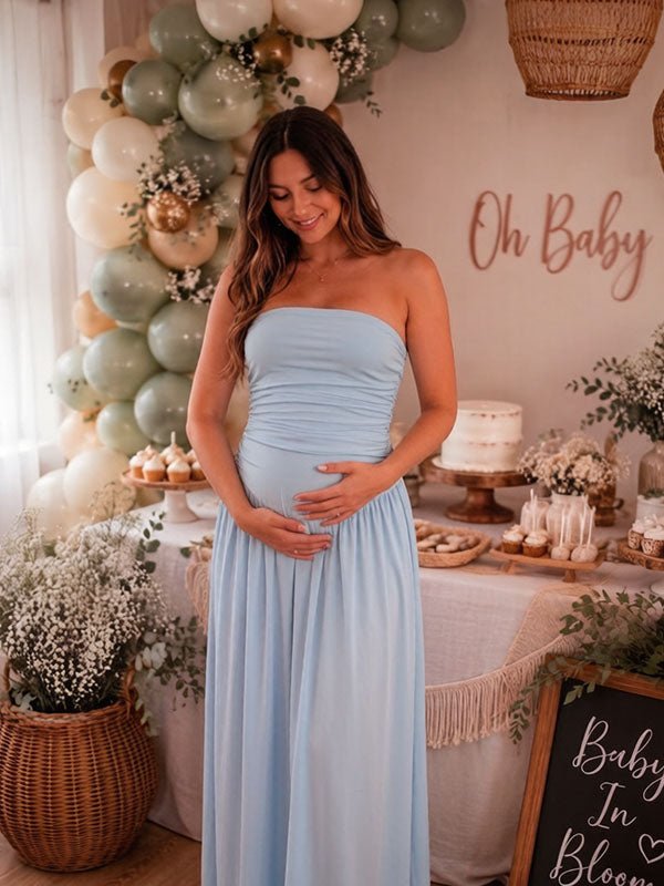 Elegant Side Slit Bandeau Ruched Baby Shower Maternity Maxi Dress for Maternity