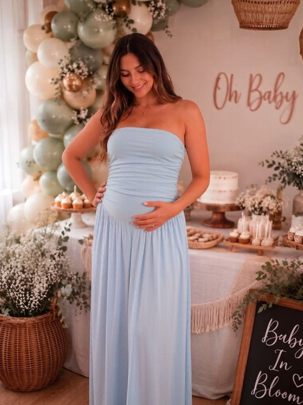 Elegant Side Slit Bandeau Ruched Baby Shower Maternity Maxi Dress for Maternity