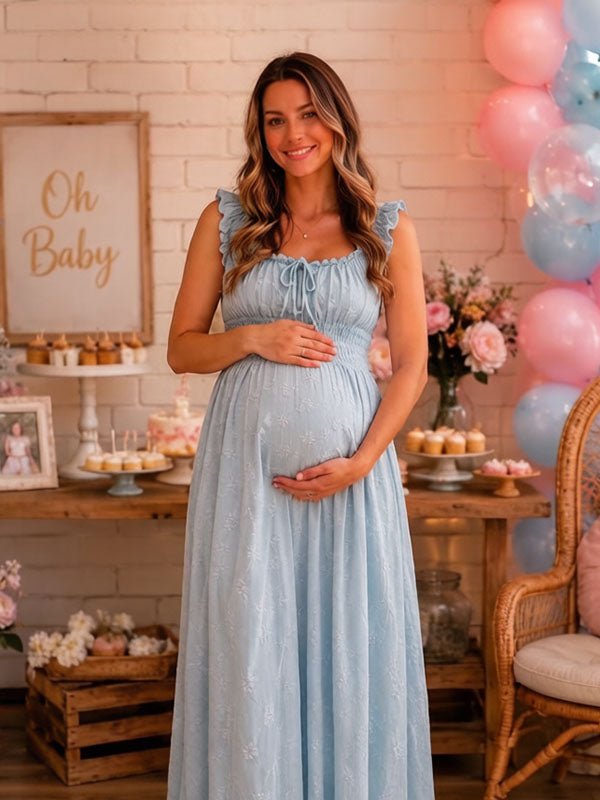 Chic Falbala Shirring A-line Baby Shower Maternity Maxi Dress for Maternity