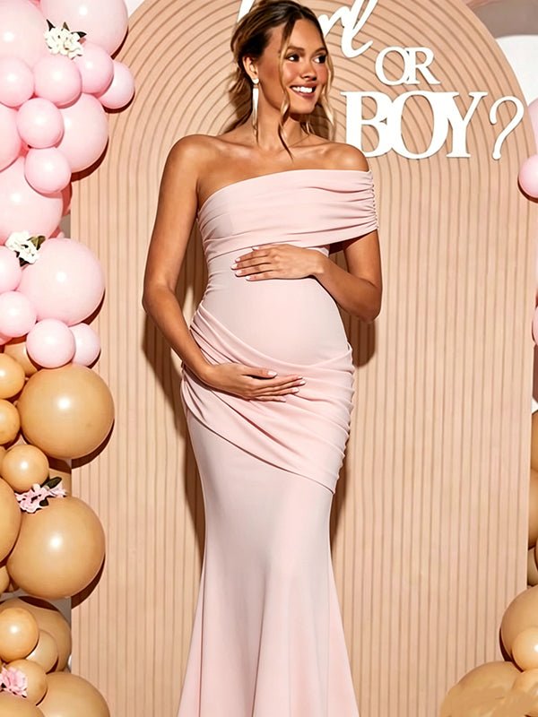 Elegant Oblique Shoulder Ruched Bodycon Mermaid Tie Back Baby Shower Maternity Maxi Dress for Maternity