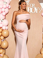 Elegant Oblique Shoulder Ruched Bodycon Mermaid Tie Back Baby Shower Maternity Maxi Dress for Maternity
