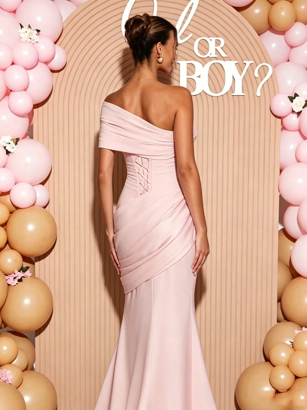 Elegant Oblique Shoulder Ruched Bodycon Mermaid Tie Back Baby Shower Maternity Maxi Dress for Maternity