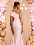 Elegant Oblique Shoulder Ruched Bodycon Mermaid Tie Back Baby Shower Maternity Maxi Dress for Maternity