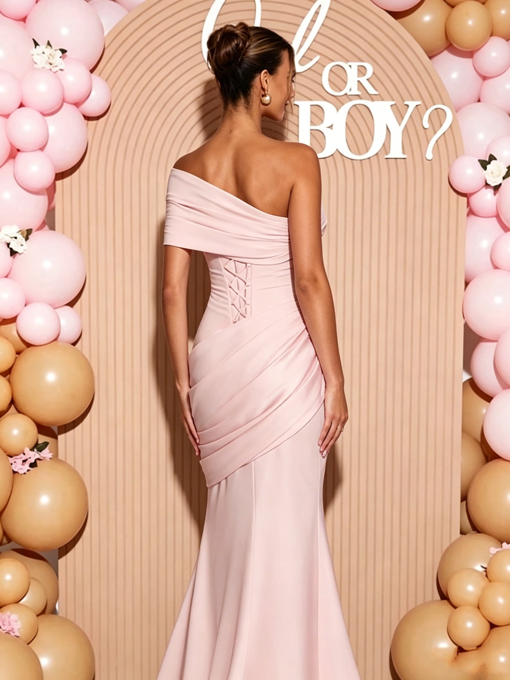 Elegant Oblique Shoulder Ruched Bodycon Mermaid Tie Back Baby Shower Maternity Maxi Dress for Maternity