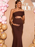 Elegant Oblique Shoulder Ruched Bodycon Mermaid Tie Back Baby Shower Maternity Maxi Dress for Maternity
