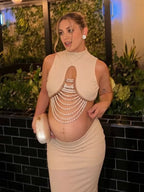 Chic Cocktail Apricot Two Piece Bodycon Ruched Beading Backless Baby Shower Maternity Maxi Dress for Maternity