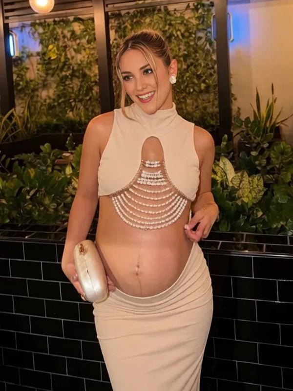 Chic Cocktail Apricot Two Piece Bodycon Ruched Beading Backless Baby Shower Maternity Maxi Dress for Maternity